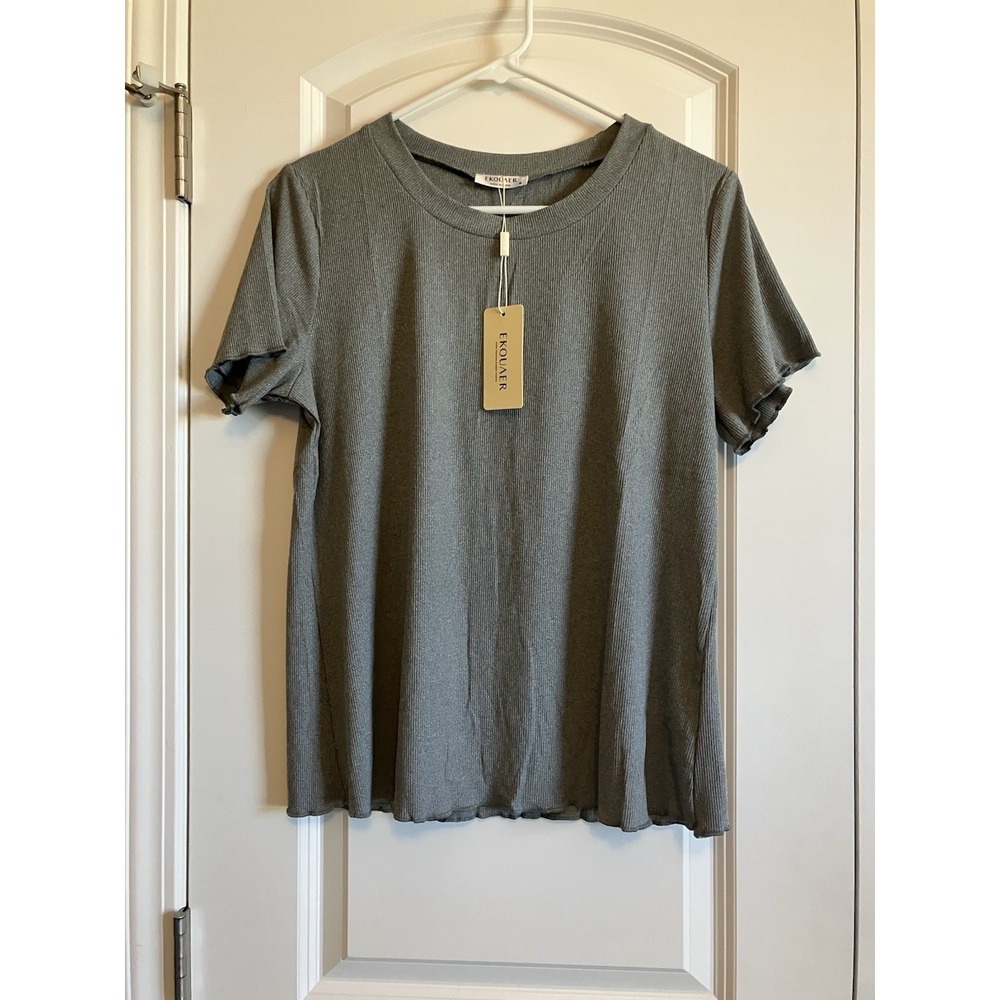 Ekouaer Ruffle Short Sleeve Top Women Medium Gray NWT Ribbed Pullover Shirt
